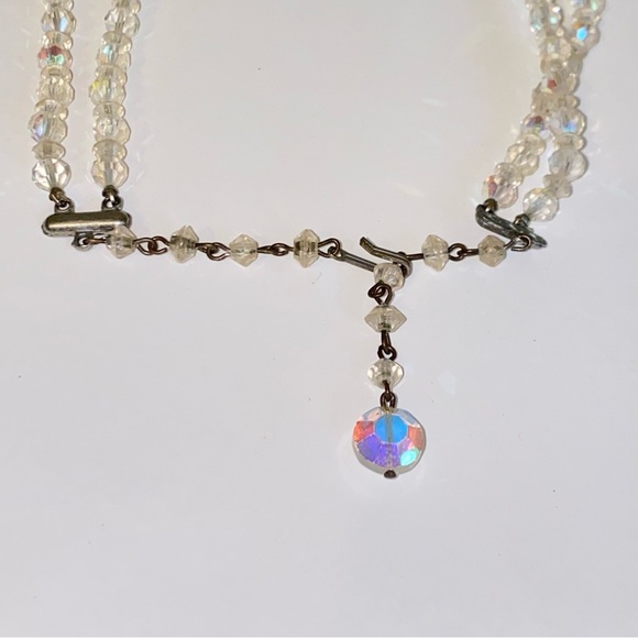 Vintage Aurora Borealis Double Stranded Beaded Choker 15" Necklace - Picture 5 of 6